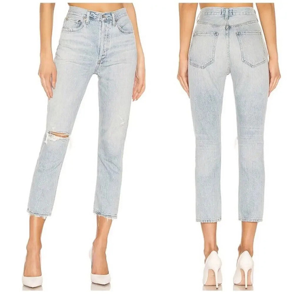 Agolde Riley High Rise Straight Crop Jeans Distressed Womens Size 27 In Shatter